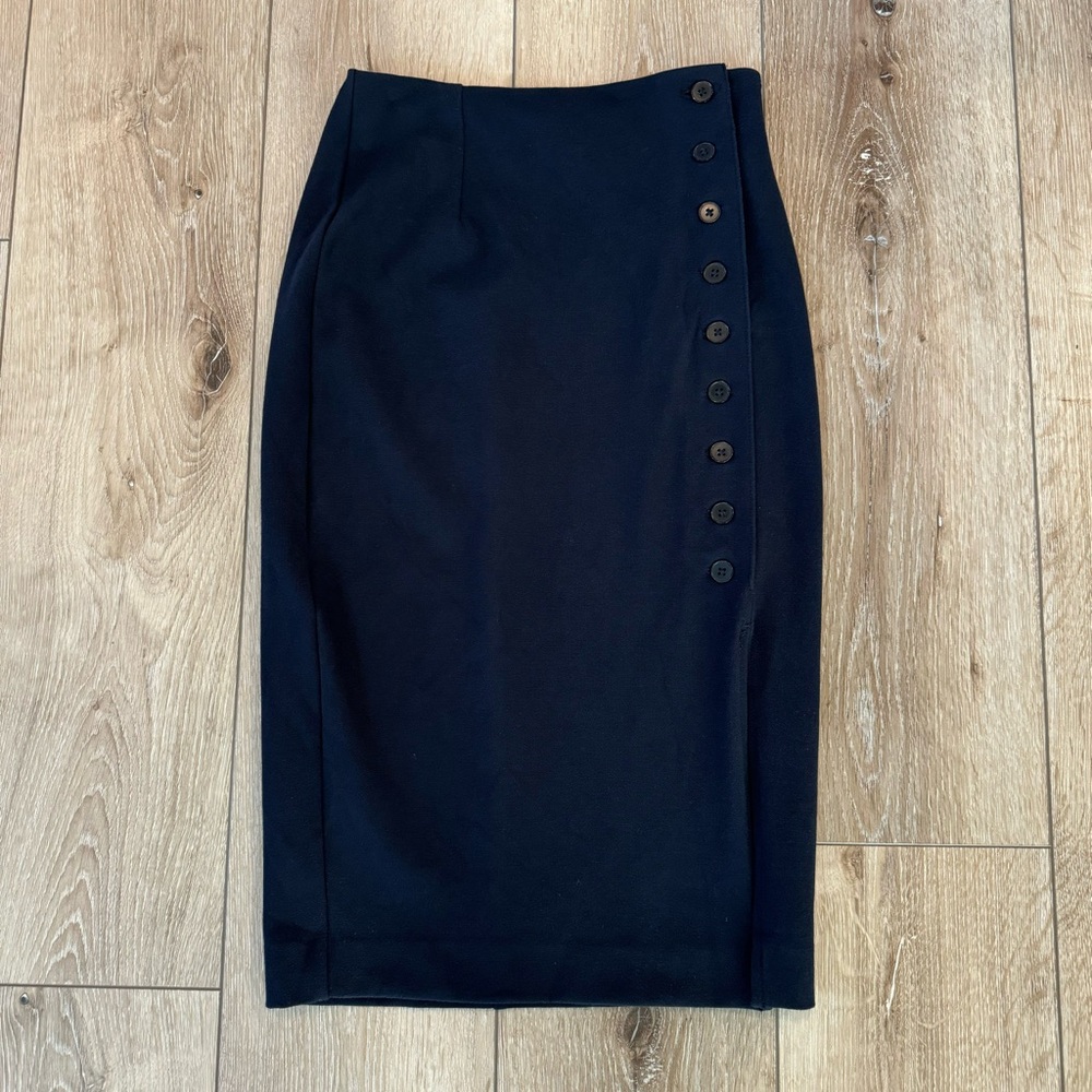 Express Stretchy Navy Blue Pencil Skirt with Slit and Buttons Chic Office XXS